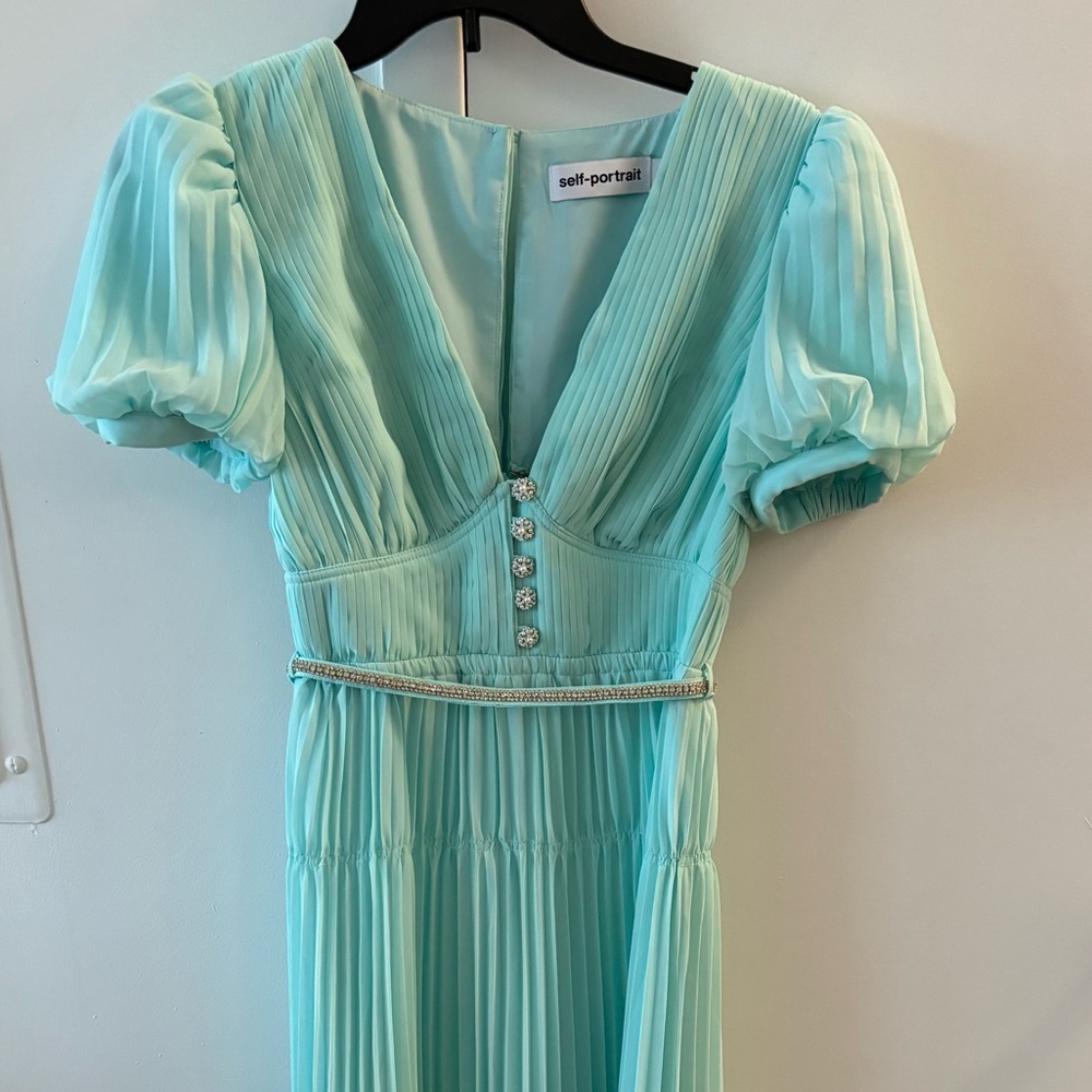 Self Portrait Pleated V-Neck Mint Green Maxi Dress with Puff Sleeves